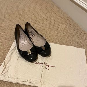 Salvatore Ferragamo Black Bow Leather Flat